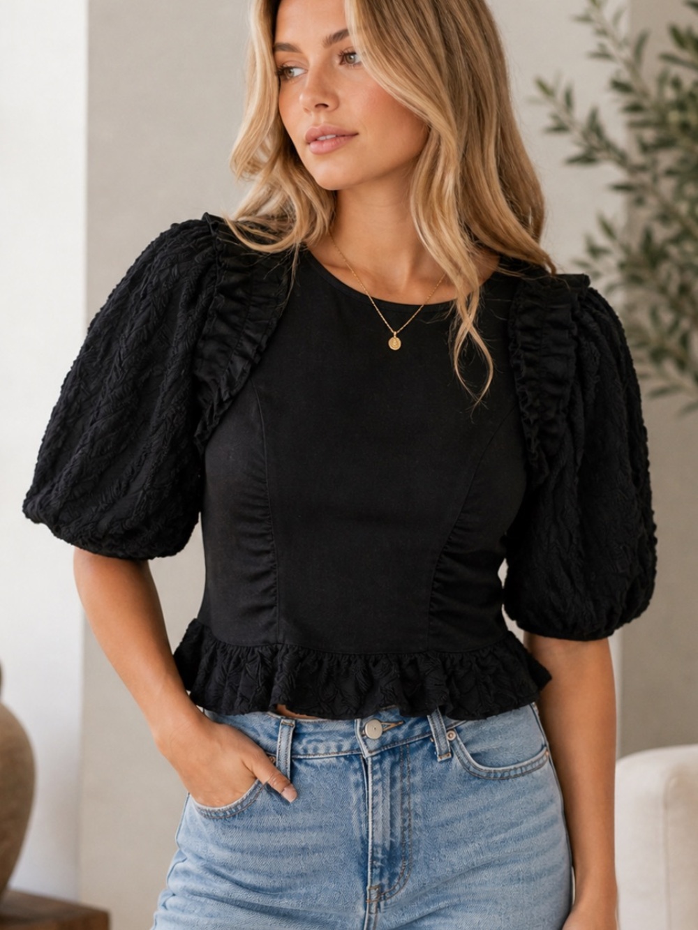 Free People Black Ruffle Peplum Puff-Sleeve Top
